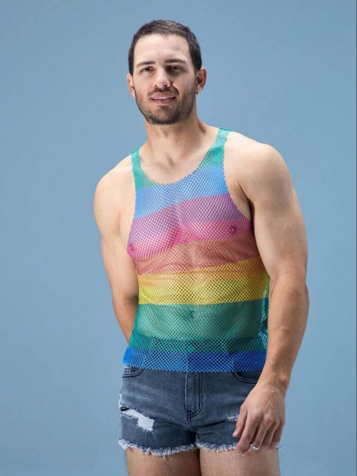 SWAVVY Sexy Gradient Rainbow Striped Semi-Sheer Men's Slim Fit V-Neck Tank Top